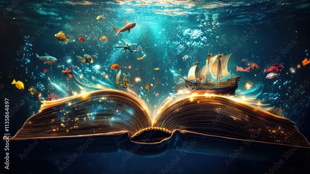 Obraz premium Enchanted Storybook Underwater Scene with Colorful Fish, a Majestic Ship, and Sparkling Magical Elements Illuminating the Ocean Depths