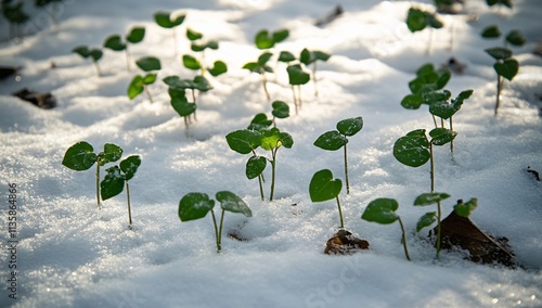 Tiny Green Plants Emerging Through Winter Snow photo