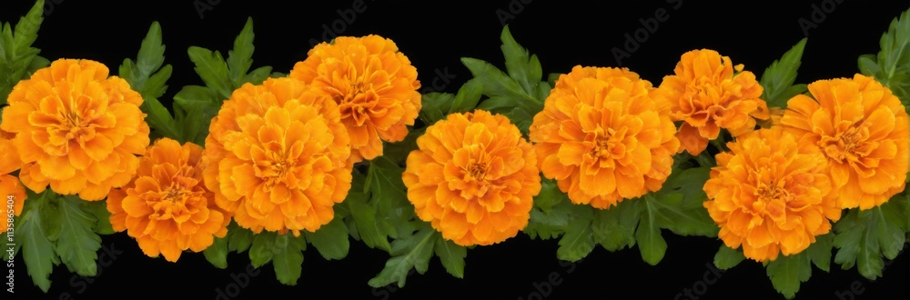 Vibrant Marigold Flowers in Full Bloom with Green Leaves on Black Background  Cheerful and Symmetrical Floral Composition