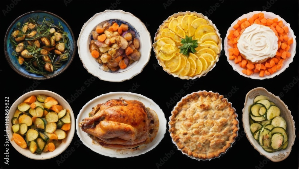 Thanksgiving Feast: Nine Unique Dishes Arranged in Grid Pattern on Black Background
