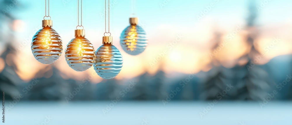 Fototapeta premium Festive Gold Christmas Baubles Hanging Winter Wonderland Background
