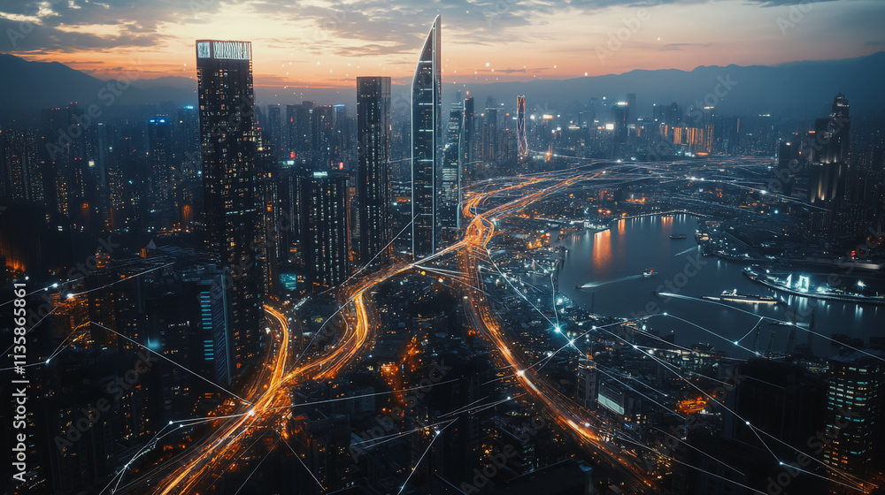 Fototapeta premium Smart digital Innovation city with connection network reciprocity over the cityscape. of future smart wireless digital city and social media networking systems that connects people with in city