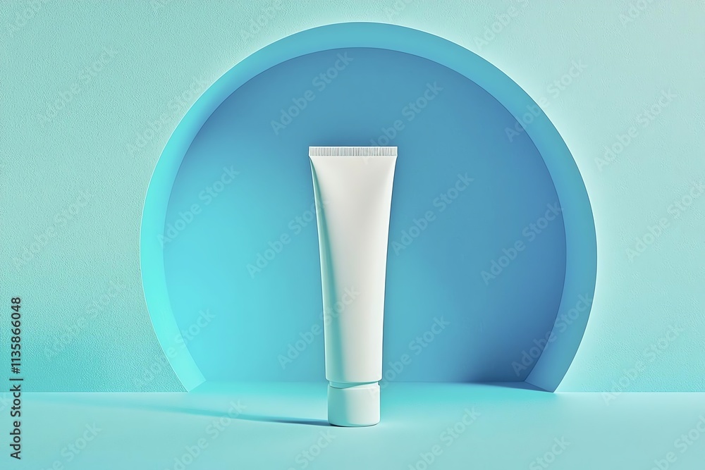Minimalist product display of a cosmetic tube against a soft blue backdrop. Minimalist product display of a cosmetic tube against a soft blue backdrop.