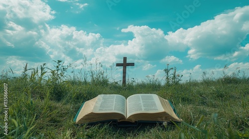 Open Bible in a Serene Meadow with a Wooden Cross Under a Beautiful Sky Filled with Fluffy Clouds, Symbolizing Faith, Hope, and Spiritual Reflection