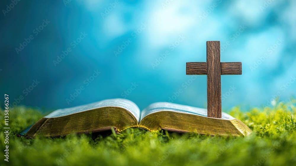 Open Bible on Green Grass with Wooden Cross in Background, Symbolizing Faith, Religion, and Spirituality in Natural Setting Under Soft Blue Sky Open Bible on Green Grass with Wooden Cross in Background, Symbolizing Faith, Religion, and Spirituality in Natural Setting Under Soft Blue Sky