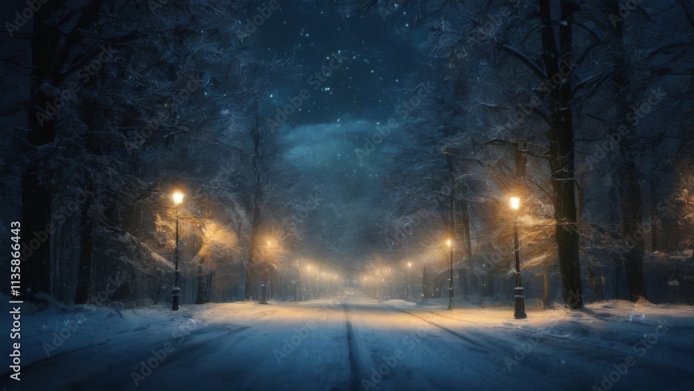 Winter Wonderland: Snowy Forest Night Scene with Starry Sky, Trees Covered in Snow, and Warmly Lit Street Lamps. Winter Wonderland: Snowy Forest Night Scene with Starry Sky, Trees Covered in Snow, and Warmly Lit Street Lamps.