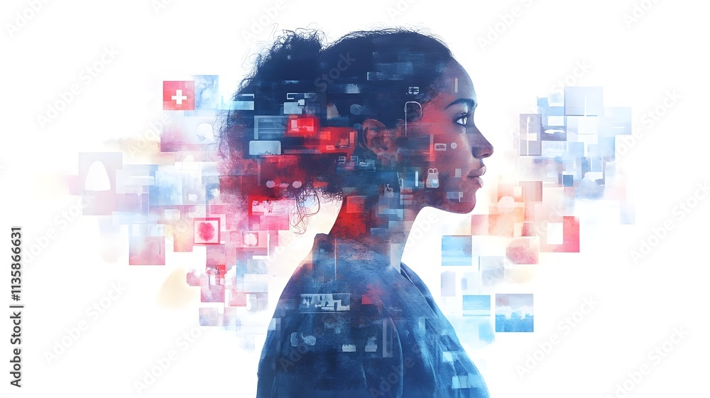 Portrait of a thoughtful young woman with digital overlays showcasing technology and data visualization in a conceptual representation of modern communication Portrait of a thoughtful young woman with digital overlays showcasing technology and data visualization in a conceptual representation of modern communication