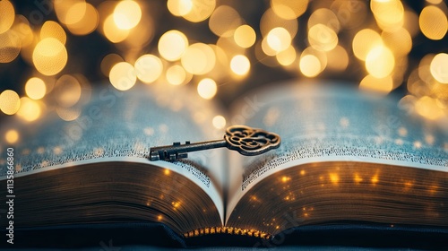 Captivating Close-Up of an Antique Key Resting on an Open Book with Blurred Bokeh Lights Creating a Magical Atmosphere for Literary Themes photo