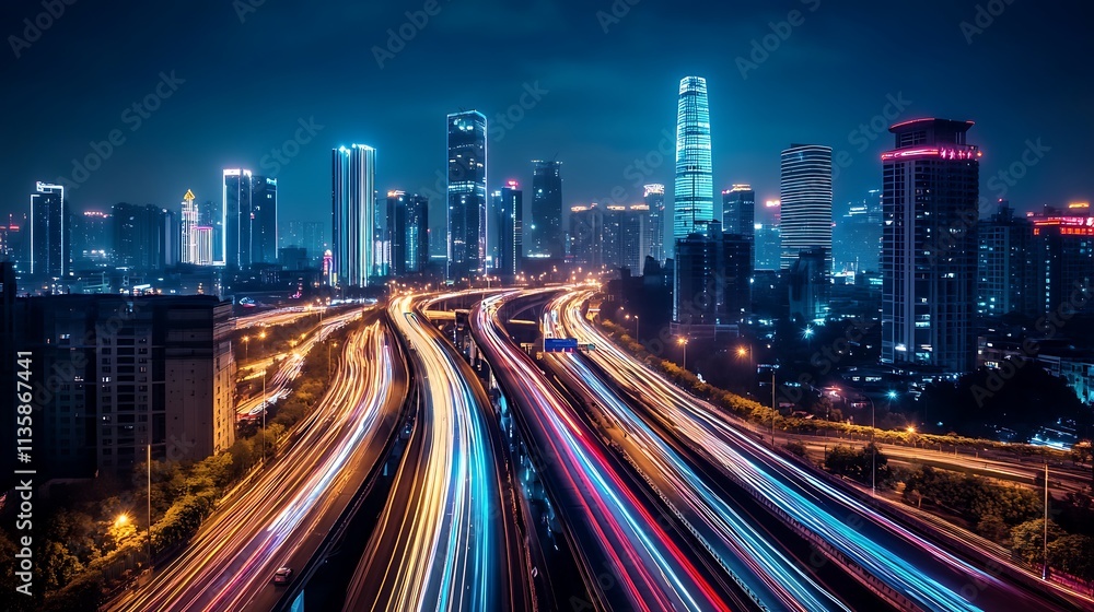 Night Cityscape with Expressway and Light Trails. Concept of Urban Development, Modernity, and Connectivity. Night Cityscape with Expressway and Light Trails. Concept of Urban Development, Modernity, and Connectivity.