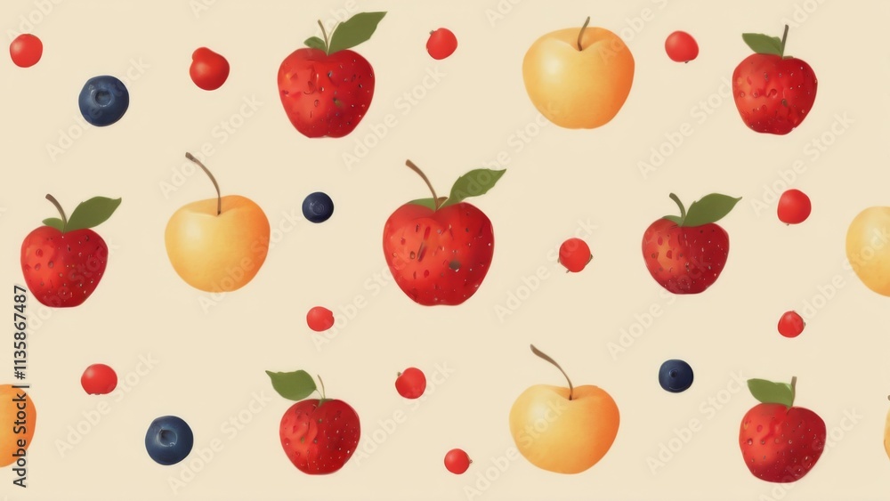 Whimsical Fruit and Berry Seamless Pattern on Beige Background Whimsical Fruit and Berry Seamless Pattern on Beige Background