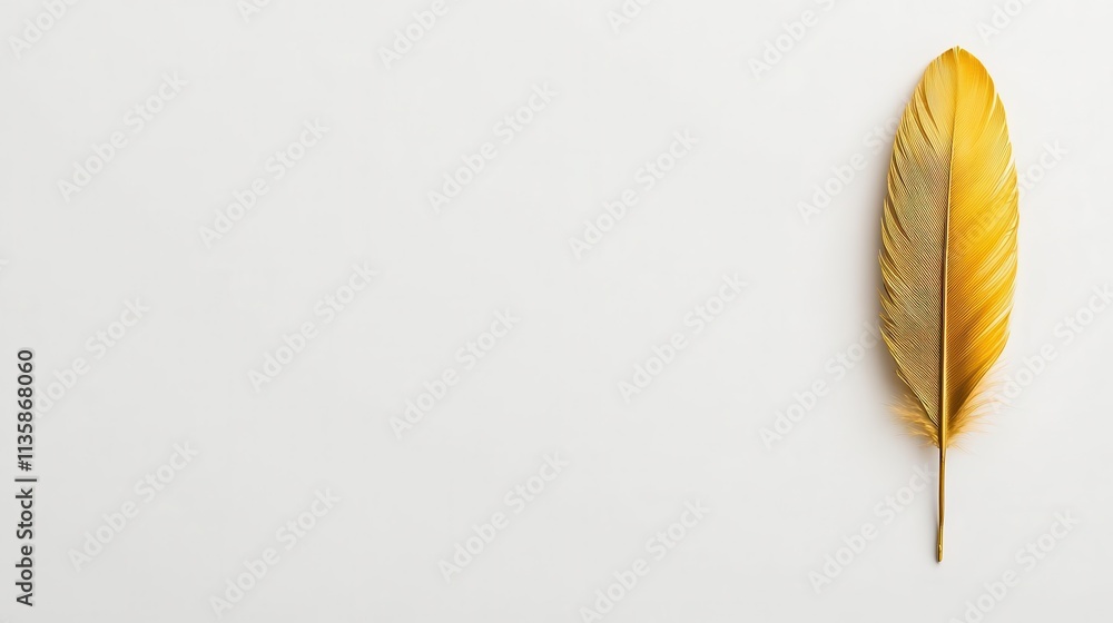 Golden phoenix feather resting gently on a pristine white backdrop, creating space for additional text. Golden phoenix feather resting gently on a pristine white backdrop, creating space for additional text.