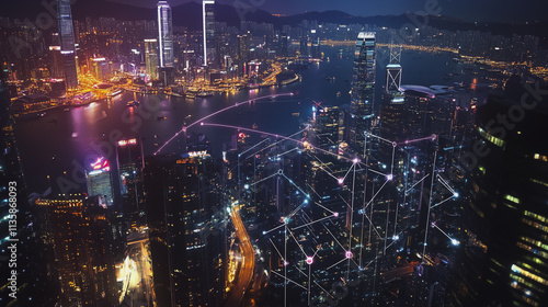 Smart digital Innovation city with connection network reciprocity over the cityscape. of future smart wireless digital city and social media networking systems that connects people with in city