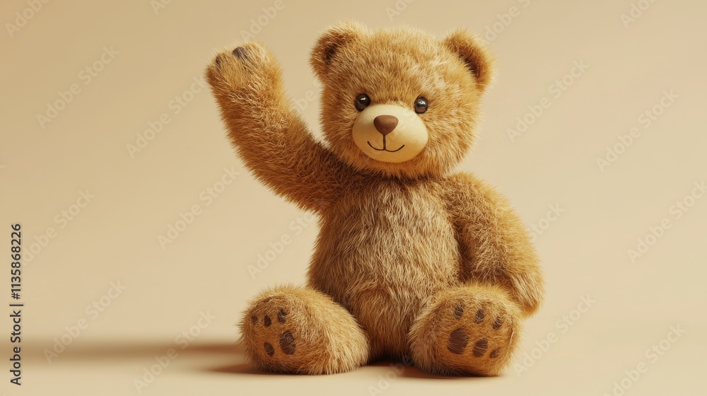 Obraz premium Vector cartoon plush cute beautiful little kind cuddly teddy bear with raised front paw, wants to say hello. Gift sitting favorite soft toy. Graphic sticker. Light background.