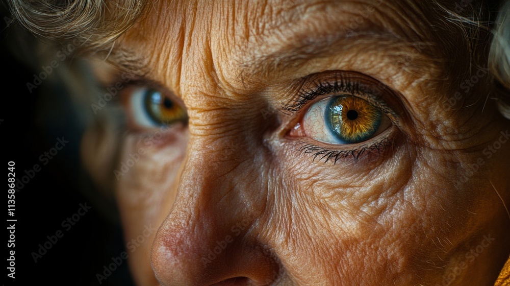 Close-up of an elderly person with expressive blue-green eyes Close-up of an elderly person with expressive blue-green eyes