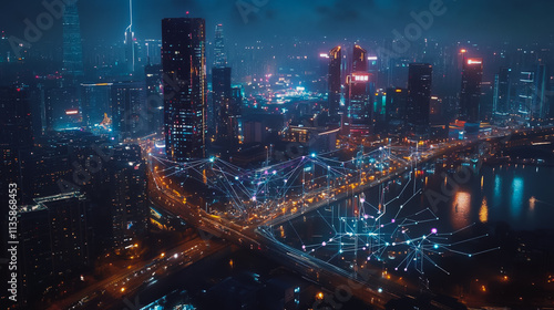 Wallpaper Mural Smart digital Innovation city with connection network reciprocity over the cityscape. of future smart wireless digital city and social media networking systems that connects people with in city Torontodigital.ca