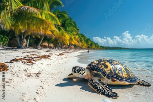 Sea turtles relaxing on tropical beach paradise photo