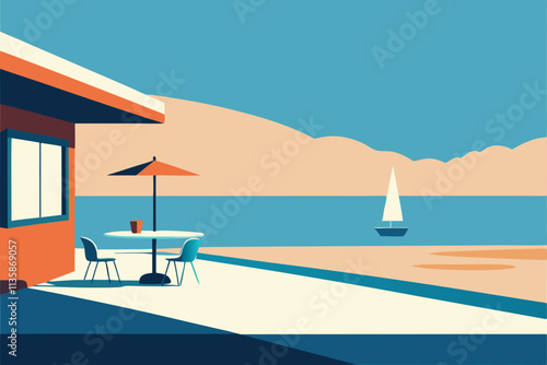 A minimalist flat-style beachside cafe with tables, chairs, and a view of the ocean
