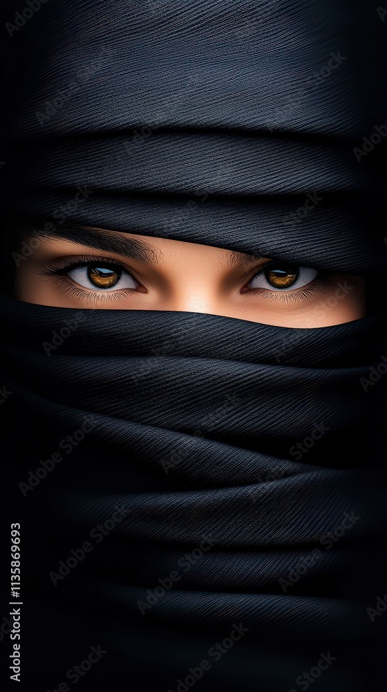 Mysterious Woman s Eyes Dark Fabric Intense Gaze Cinematic Lighting Portrait Photograp Mysterious Woman s Eyes Dark Fabric Intense Gaze Cinematic Lighting Portrait Photograp