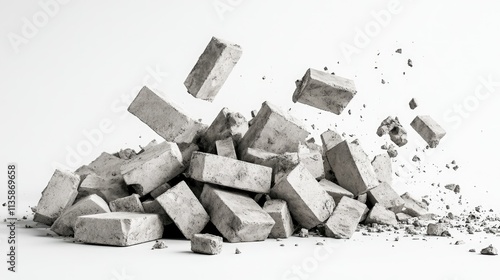 Dynamic Explosion of Concrete Blocks in Mid-Flight Creating a Striking Visual of Construction Material Chaos Against a Clean White Background