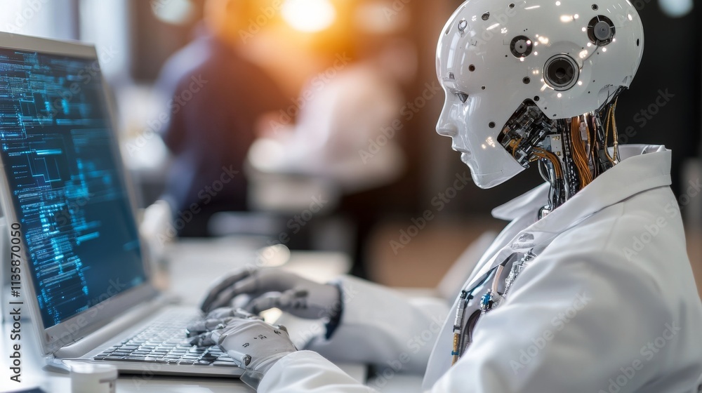 Obraz premium White man humanoid on blurred background creating artificial intelligence 3D rendering