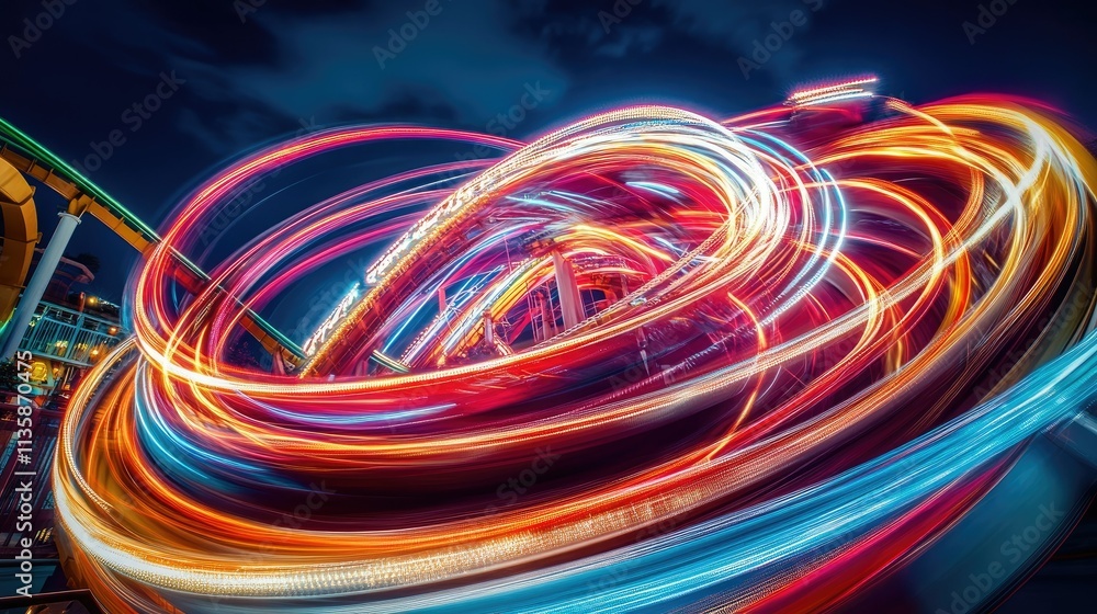 Long Exposure Night Photography of Colorful Light Trails from Amusement Park Rides with a Dramatic Sky Background Long Exposure Night Photography of Colorful Light Trails from Amusement Park Rides with a Dramatic Sky Background