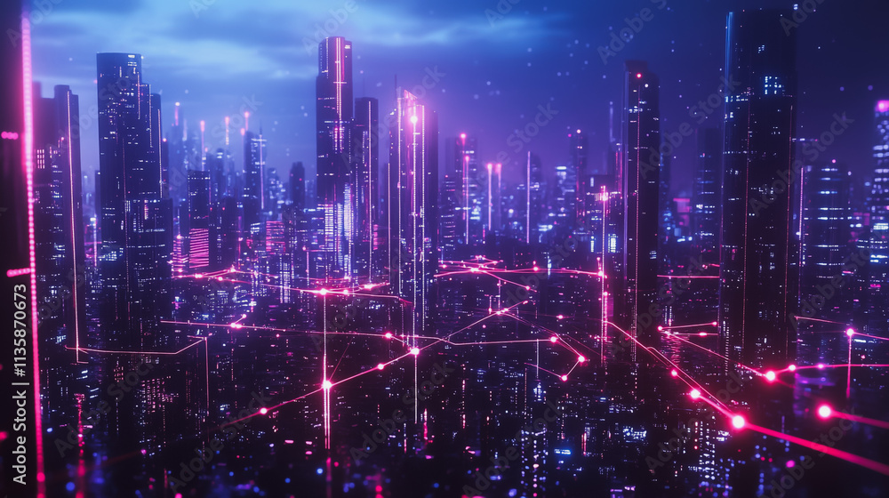 Fototapeta premium Smart digital Innovation city with connection network reciprocity over the cityscape. of future smart wireless digital city and social media networking systems that connects people with in city