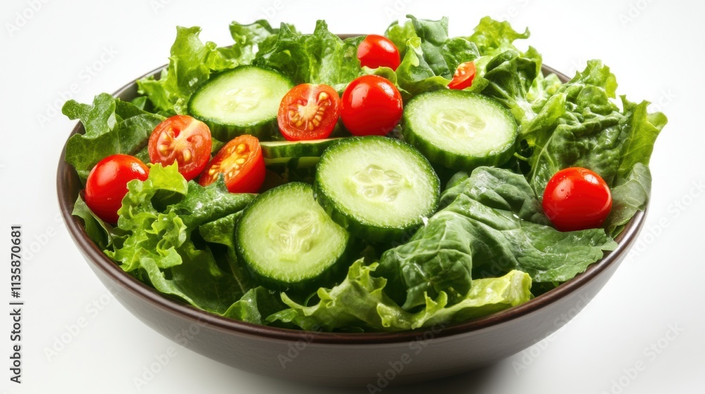 Isolated on white background, a classic green salad bowl with leafy greens, cucumber slices, and cherry tomatoes, lighting capturing the freshness and vivid colors. Isolated on white background, a classic green salad bowl with leafy greens, cucumber slices, and cherry tomatoes, lighting capturing the freshness and vivid colors.