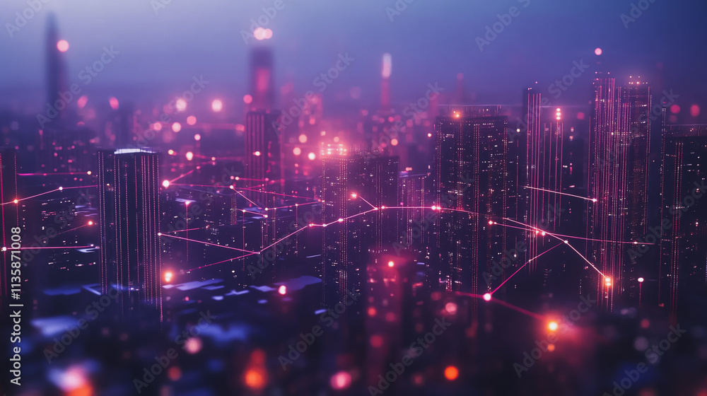 Fototapeta premium Smart digital Innovation city with connection network reciprocity over the cityscape. of future smart wireless digital city and social media networking systems that connects people with in city