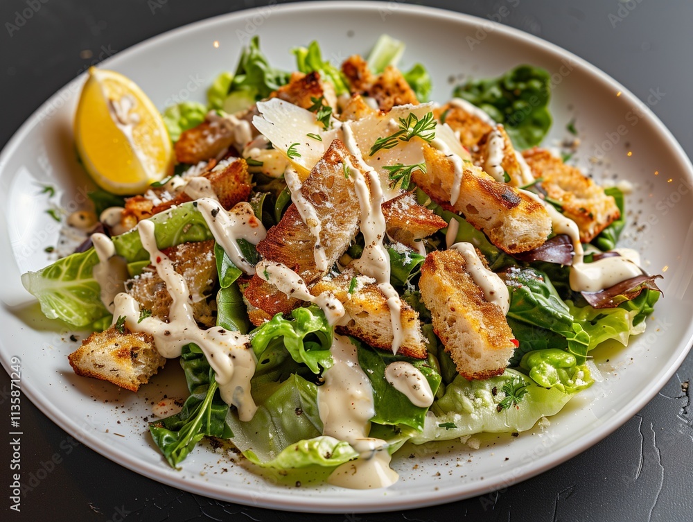 Caesar salad with grilled chicken, croutons, and dressing Caesar salad with grilled chicken, croutons, and dressing
