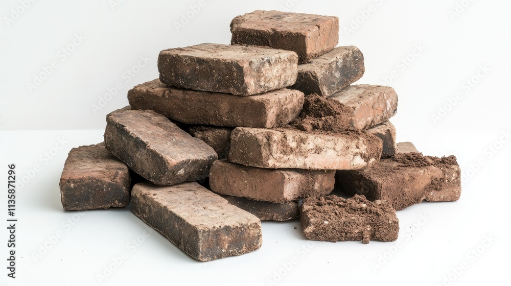 A Pile of Old, Weathered Bricks Stacked Together on a Light Background, Illustrating Industrial Material Use in Construction and Renovation Projects A Pile of Old, Weathered Bricks Stacked Together on a Light Background, Illustrating Industrial Material Use in Construction and Renovation Projects