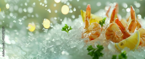 Chilled shrimp cocktail with lemon slices on ice