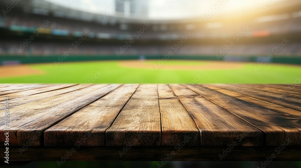 Wooden Table with Baseball Field Background in a Stadium During a Sunny Day, Perfect for Sports, Events, and Outdoor Activities, Capturing a Unique Perspective on the Game Wooden Table with Baseball Field Background in a Stadium During a Sunny Day, Perfect for Sports, Events, and Outdoor Activities, Capturing a Unique Perspective on the Game