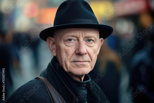 A man wearing a black hat and a black coat is standing in a crowd