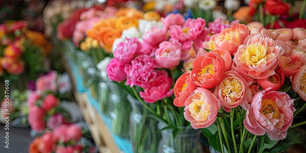 Shop table full of flowers with pink, coral and yellow flowers peonies Shop table full of flowers with pink, coral and yellow flowers peonies