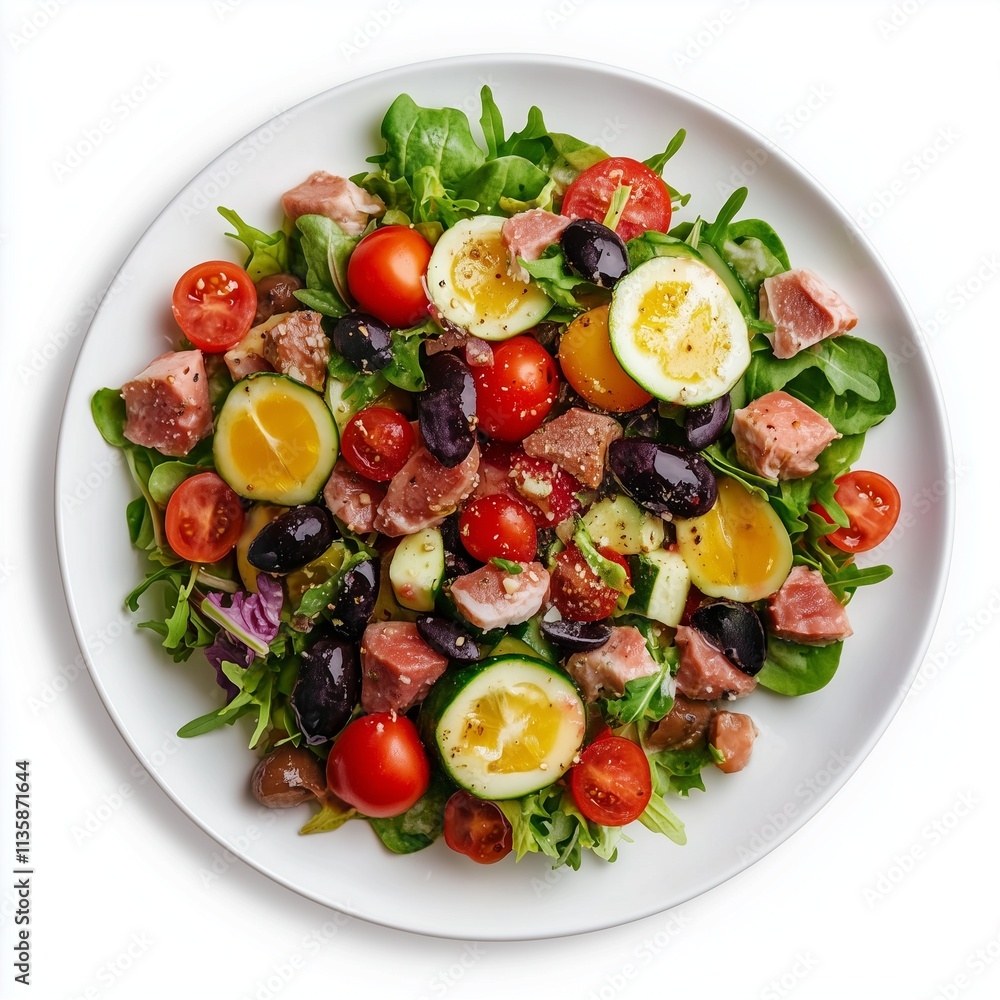 Fresh Mediterranean salad with tuna, tomatoes, olives, and eggs Fresh Mediterranean salad with tuna, tomatoes, olives, and eggs