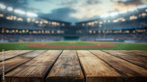 Wooden Table Overlooking Baseball Field at Twilight, Bright Stadium Lights Scattered Across the Sky, Mood Set for Evening Game, Anticipation Fills the Air