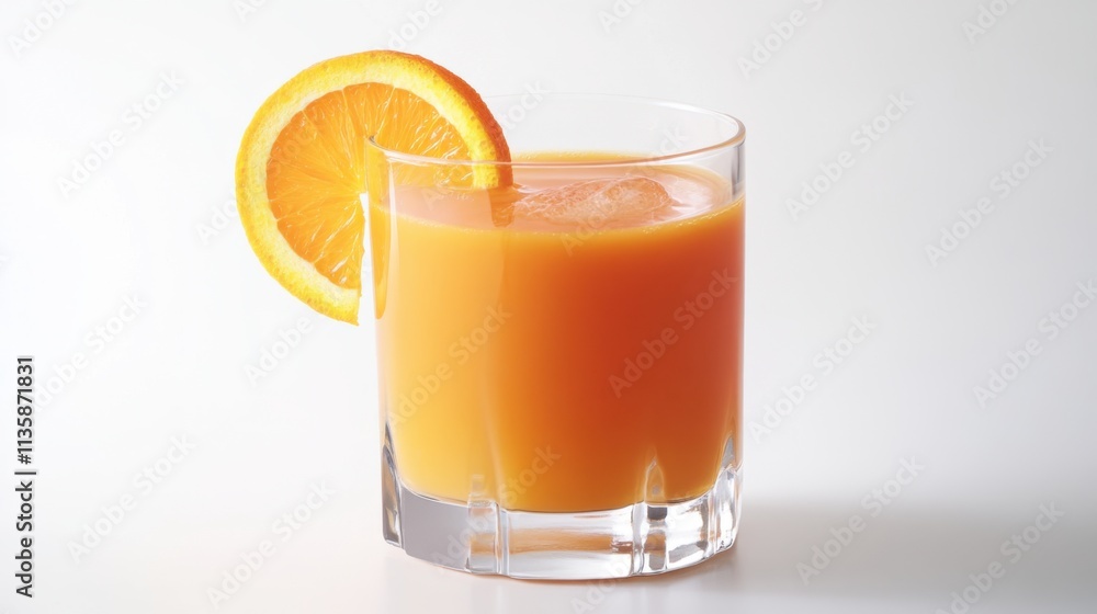 Isolated on white background, a glass of orange and carrot juice blend, decorated with an orange slice on the rim, light emphasizing the bright and refreshing color. Isolated on white background, a glass of orange and carrot juice blend, decorated with an orange slice on the rim, light emphasizing the bright and refreshing color.