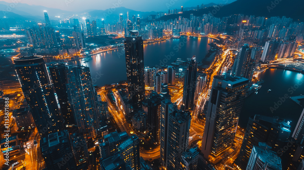 Fototapeta premium Smart digital Innovation city with connection network reciprocity over the cityscape. of future smart wireless digital city and social media networking systems that connects people with in city