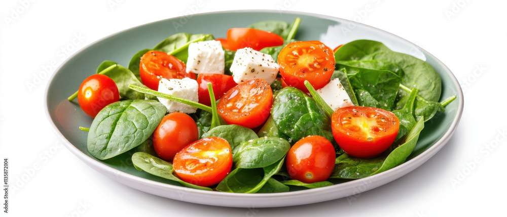 Fresh spinach salad with cherry tomatoes and feta cheese, garnished with pepper. vibrant and healthy dish perfect for light meal or side Fresh spinach salad with cherry tomatoes and feta cheese, garnished with pepper. vibrant and healthy dish perfect for light meal or side