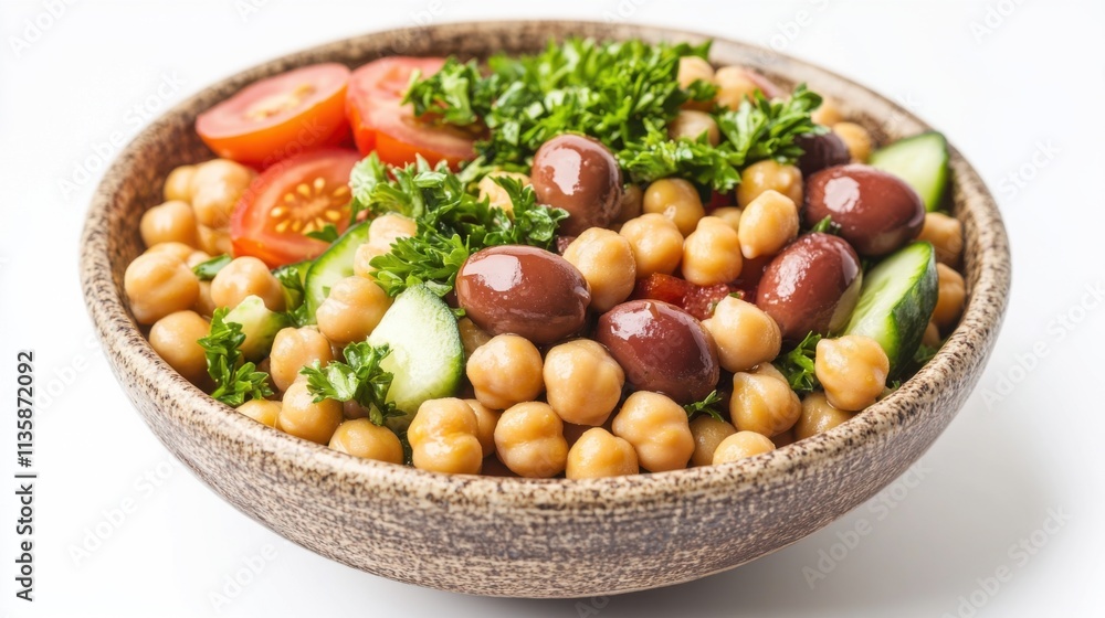 Isolated on white background, a rustic bowl of Mediterranean-style chickpea salad with olives, cucumber, tomatoes, and parsley. Isolated on white background, a rustic bowl of Mediterranean-style chickpea salad with olives, cucumber, tomatoes, and parsley.