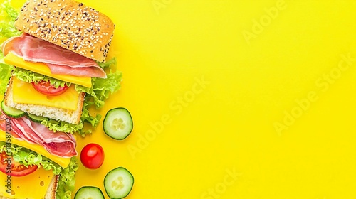 Fresh Ingredients for Delicious Sandwich on Bright Yellow Background