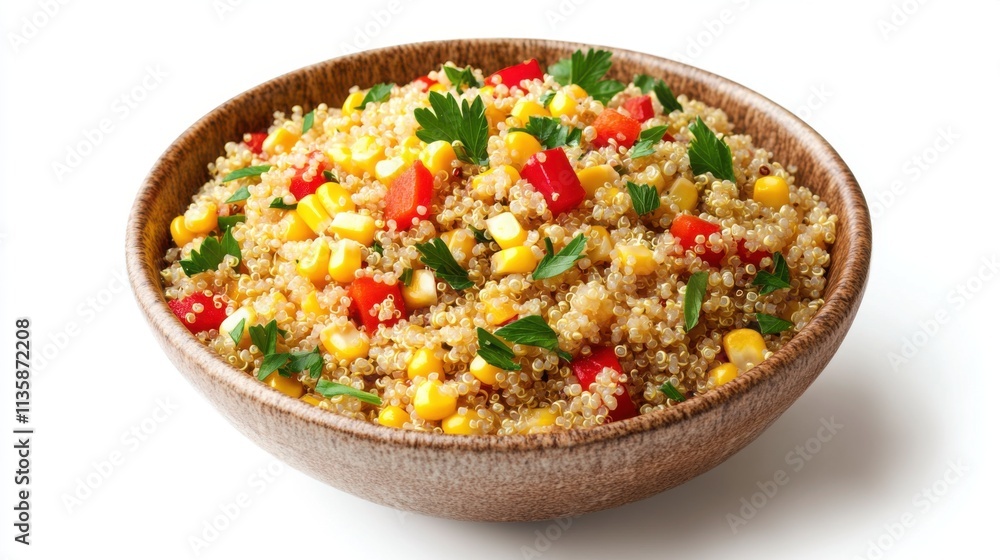 Isolated on white background of rustic quinoa bowl with diced red pepper, parsley and corn. Isolated on white background of rustic quinoa bowl with diced red pepper, parsley and corn.
