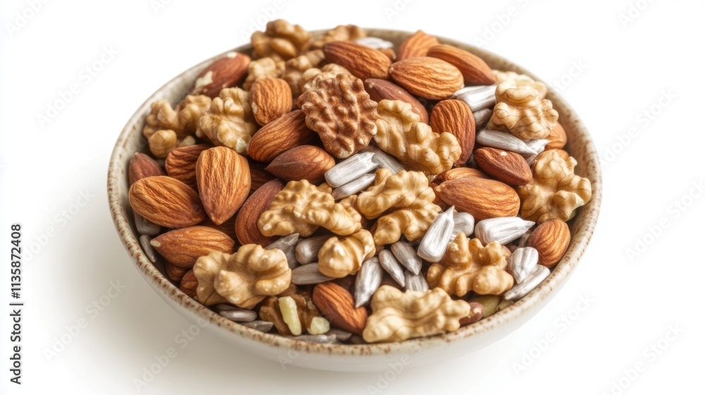 Isolated on white background, a small bowl of mixed nuts and seeds, including almonds, walnuts, and sunflower seeds, lighting bringing out texture and detail in each piece. Isolated on white background, a small bowl of mixed nuts and seeds, including almonds, walnuts, and sunflower seeds, lighting bringing out texture and detail in each piece.
