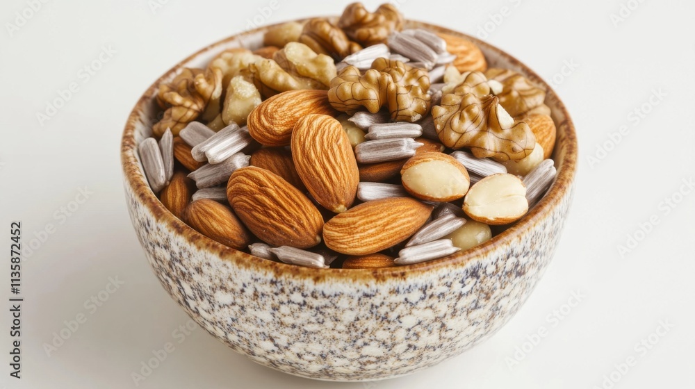 Isolated on white background, a small bowl of mixed nuts and seeds, including almonds, walnuts, and sunflower seeds, lighting bringing out texture and detail in each piece. Isolated on white background, a small bowl of mixed nuts and seeds, including almonds, walnuts, and sunflower seeds, lighting bringing out texture and detail in each piece.