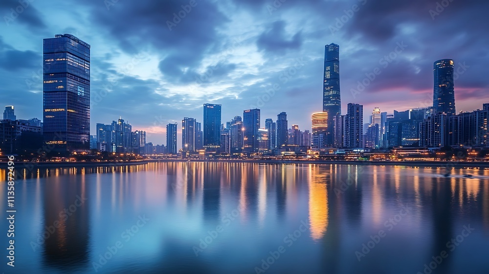 Obraz premium Modern City Skyline at Dusk Reflected on Water. Concept of Urban Development, Architecture, and Cityscape.