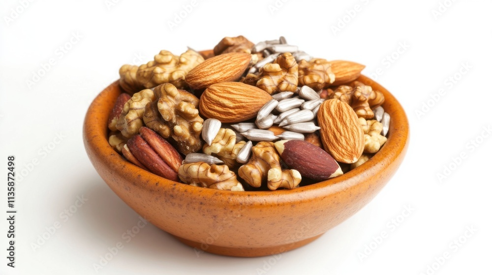 Isolated on white background, a small bowl of mixed nuts and seeds, including almonds, walnuts, and sunflower seeds, lighting bringing out texture and detail in each piece. Isolated on white background, a small bowl of mixed nuts and seeds, including almonds, walnuts, and sunflower seeds, lighting bringing out texture and detail in each piece.