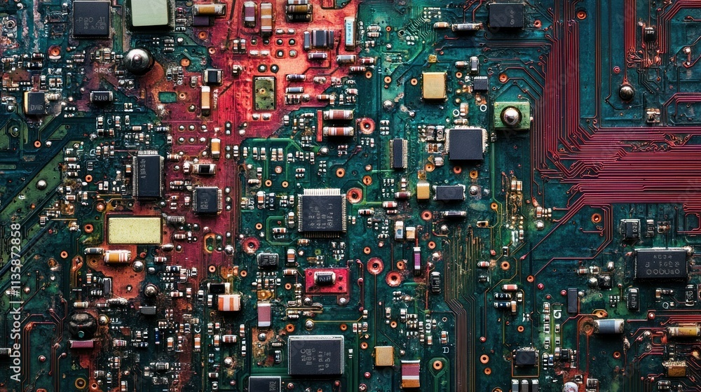 Close-up of a Circuit Board with Red and Green Traces Close-up of a Circuit Board with Red and Green Traces