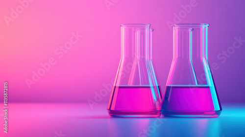 Colorful laboratory flasks filled with vibrant liquids, glowing under neon lights, create captivating atmosphere. blend of pink and blue hues enhances scientific ambiance