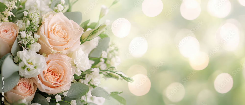 Soft pink roses and white flowers create beautiful floral arrangement, perfect for weddings or special occasions, set against dreamy bokeh background Soft pink roses and white flowers create beautiful floral arrangement, perfect for weddings or special occasions, set against dreamy bokeh background