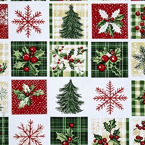 Christmas Fabric Patchwork Design Green Red Holly Snowflake Tree